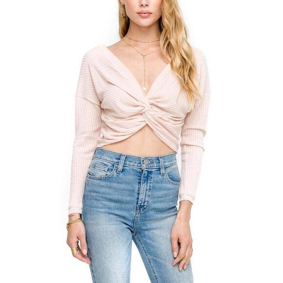 ASTR Pale Pink  Ribbed Twist Front Long Sleeve Crop Top Sz Small - Picture 1 of 7